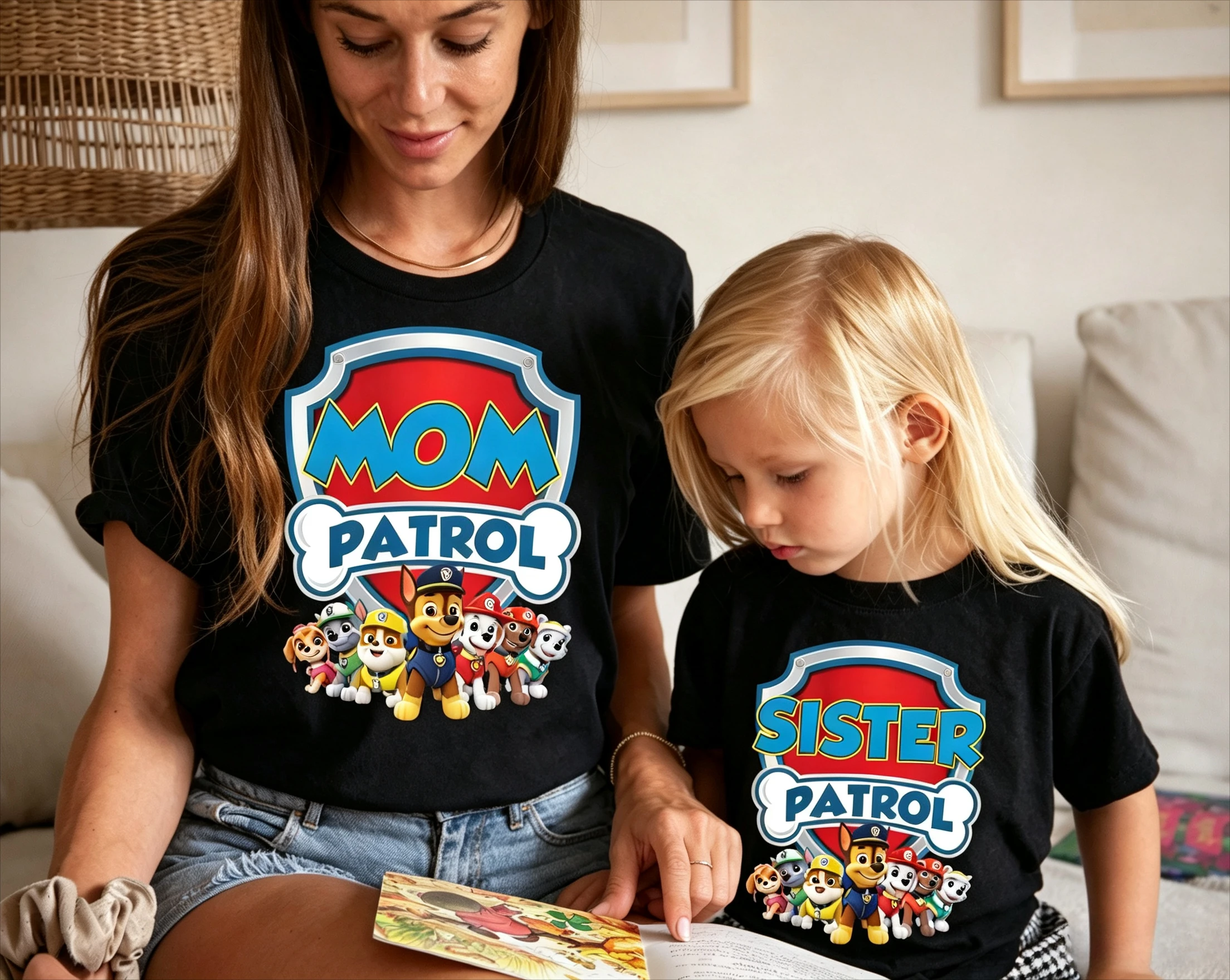 Cartoon PAW Patrol Family Matching T‑Shirt Mom & Daughter Mom Patrol Sister Patrol Graphic Short Sleeve Tee Black Family Party