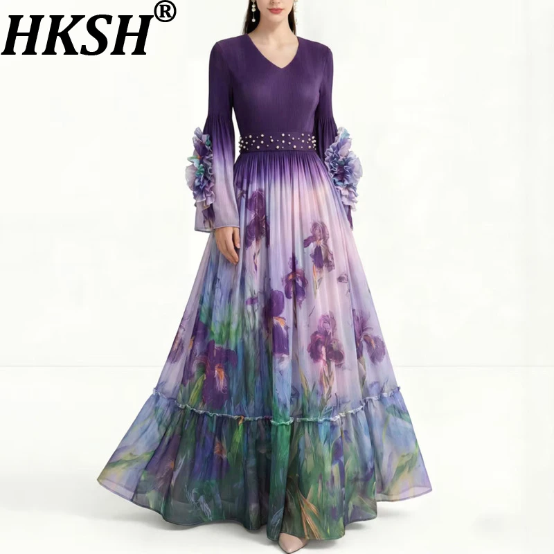 

Женское платье HKSH с принтом, V-образным вырезом, длинными рукавами, приталенное, стройнящее, плиссированное, А-силуэт, элегантное, повседневное, новинка весна-лето 2026, HK19141