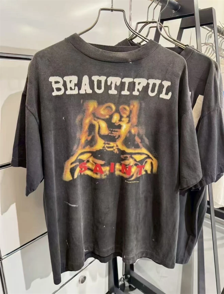 Summer SAINT Pattern Printed Washed Ink Splashed Vintage Short Sleeve High Street Cotton Casual Loose Versatile Trendy T-shirt