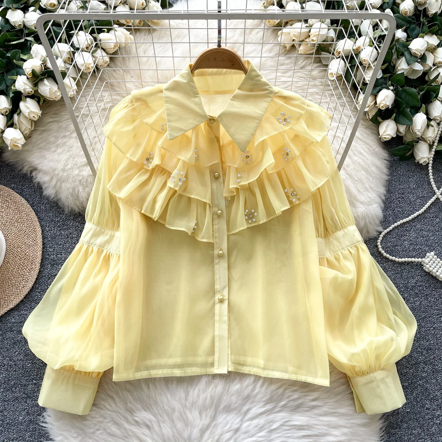 Chic Rhinestone Women Vintage Turn-down Collar Basics Long Sleeve Loose Ruffle Top French Streetwear High Street Autumn Blouse