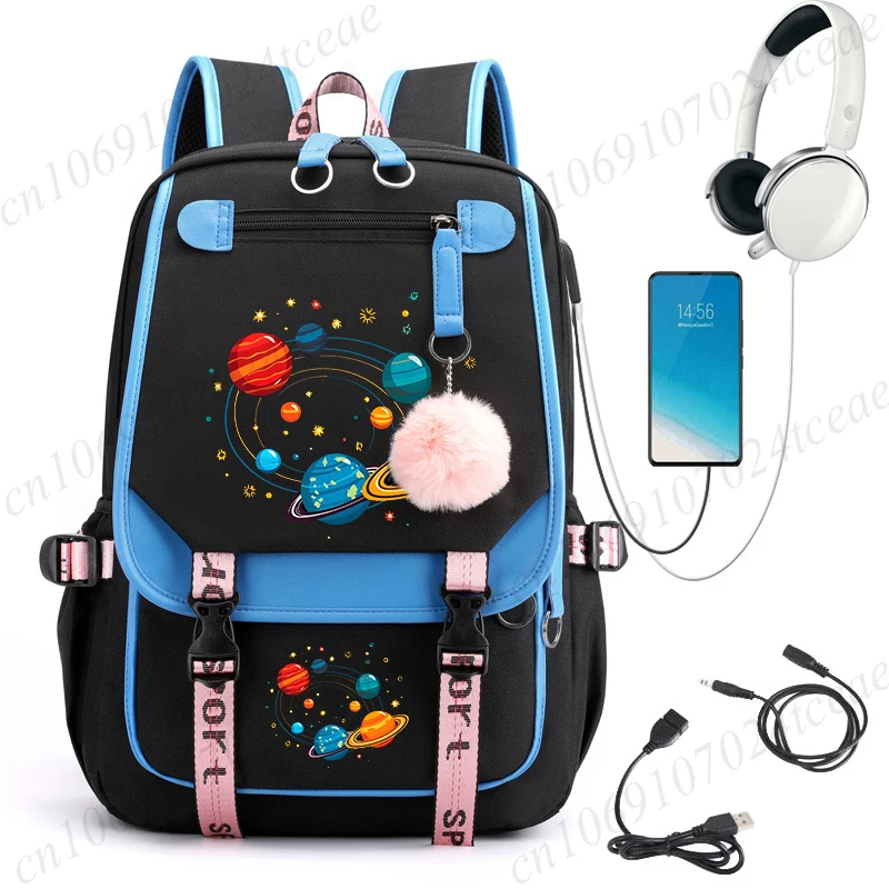 Girls Solar System Adventure Printed School Backpack Bags Planets and Stars Design Bookbag Travel Daypack Teen School Bag