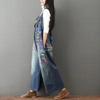 Johnature Women Denim Jumpsuits Print Floral Vintage 2025 New  Women Clothes Casual Quality Hole Wide Leg Jumpsuits - Image 3