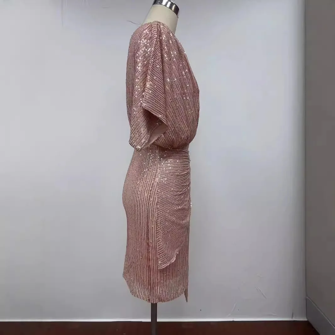 Summer Women Fashion Sequins Dress Commuting Style 2025 New Pure Color Sleeveless Off-shoulder Asymmetrical Belt Evening Vestido