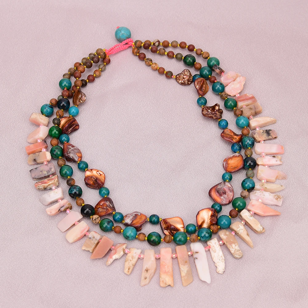 APDGG A50 Handmade 3 Rows Natural Mix Stone Shell Jasper Pink Opal Multi Strands Necklace