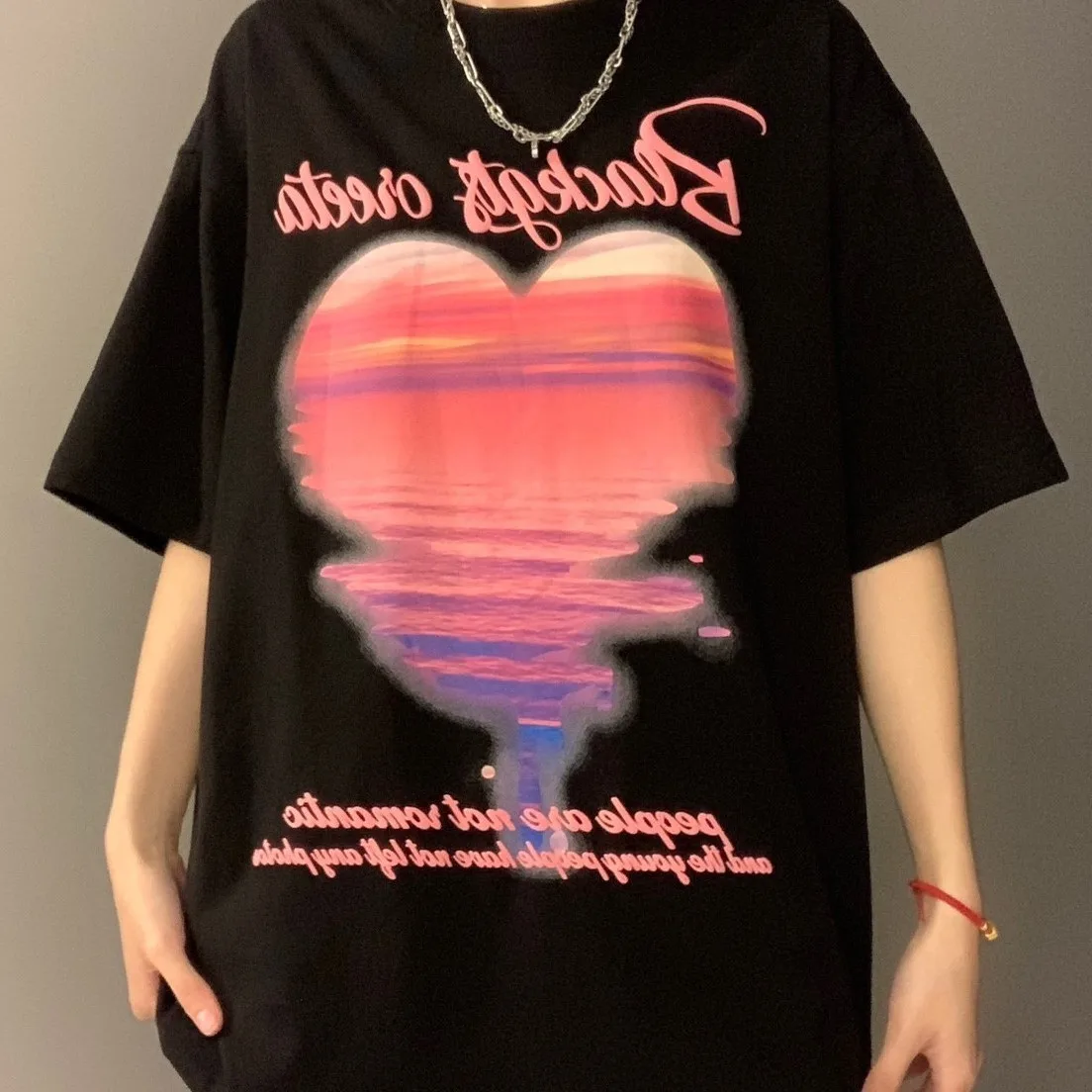 

Heavy Weight 100% Pure Cotton Large Size T-shirt Summer American Retro Love Short Sleeve Women's Couple's Half Sleeve Top