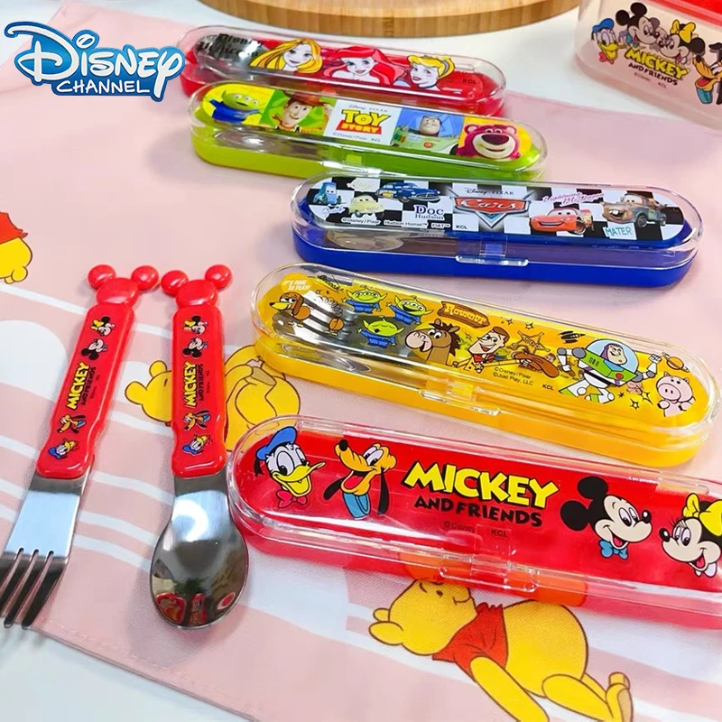 Disney Mickey Mouse Stainless Steel Tableware Cartoon Cute Toy Story Spoon and Fork Set Box Princess Fruit Fork Child Gifts