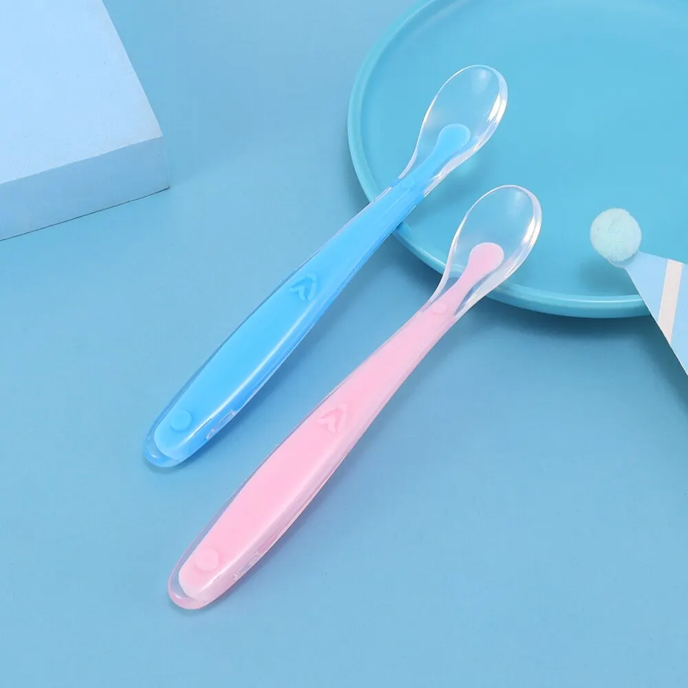 2Pcs Baby Silicone Spoon Set Kids Soft PP Plastic Pink Blue Safe Spoon With Box