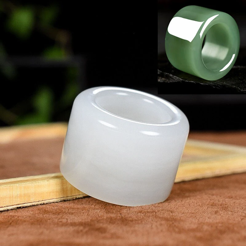 Hetian green-white thumb men, jade ring with wide band, hand accessory