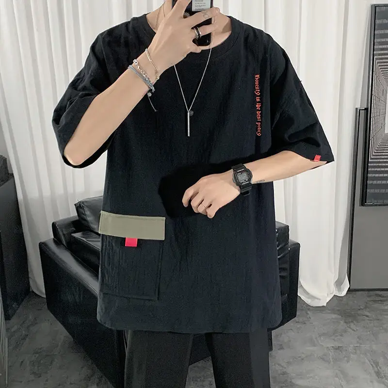 2023 Summer Men\'s Fashion Letter Pockets Casual Streetwear Cotton T-shirts Y2K Youth O Neck Short Sleeve Loose Tops Ropa Hombre