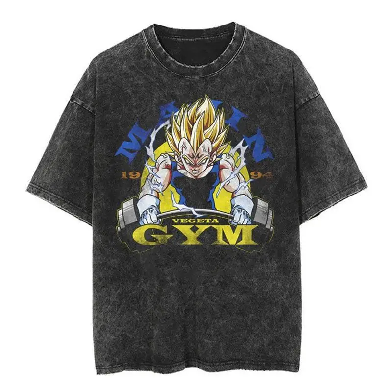 

New 2025 BANDAI Japanese Classic Dragon Ball Goku Cartoon Anime High Street Vintage Washed Do Old Short Sleeve Summer T-shirt