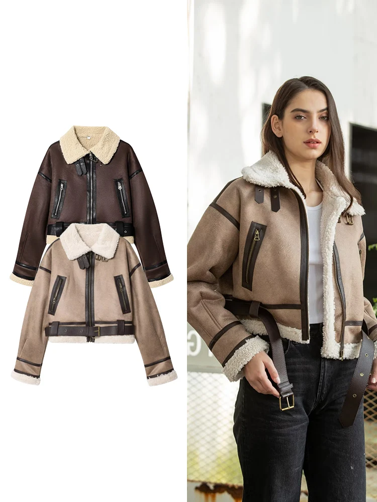 

TFMLN женская куртка из овечьей шерсти, зимняя утолщенная модная мотоциклетная уличная замшевая куртка, повседневные теплые топы с воротником-стойкой на молнии