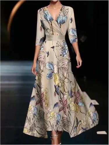 Vestido de mujer con estampado geométrico de manga larga y cuello en V de cintura alta, ropa de calle elegante a la moda para uso diario, vestidos de mujer