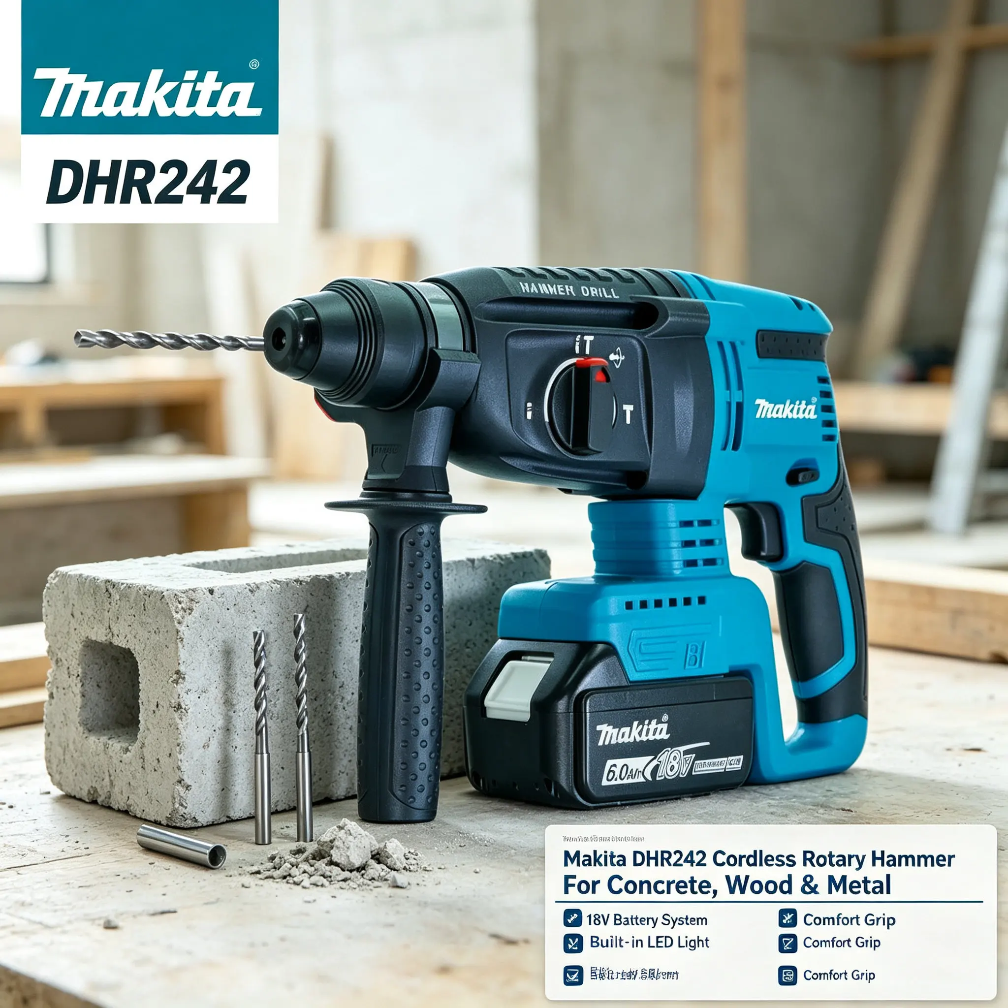 Nouveau marteau perforateur sans fil Makita DHR242 18V au lithium-ion, valeur de vibration optimisée de 13,5 m/s², fatigue du bras considérablement réduite pour les artisans exécutant de longues opérations de perçage sur chantier