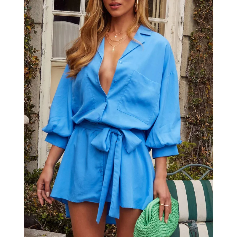 Robe chemise courte à lacets pour femmes européennes et américaines, mode automne, simple boutonnage, couleur unie, avec poches