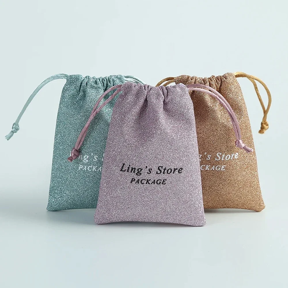 50Pcs Wholesale Printing Logo Fine Glitter Drawstring Packaging Bag Wedding Favors Candy Chocolate Organizer Pouch Cosmetic Sack