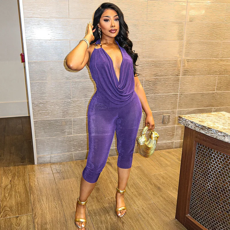 Women Fashion Sexy 2 Piece Set Metal Buckle Swinging Collar Lace Up Halter Backless Tank Tops + Ruched Skinny Capris Pants Suits