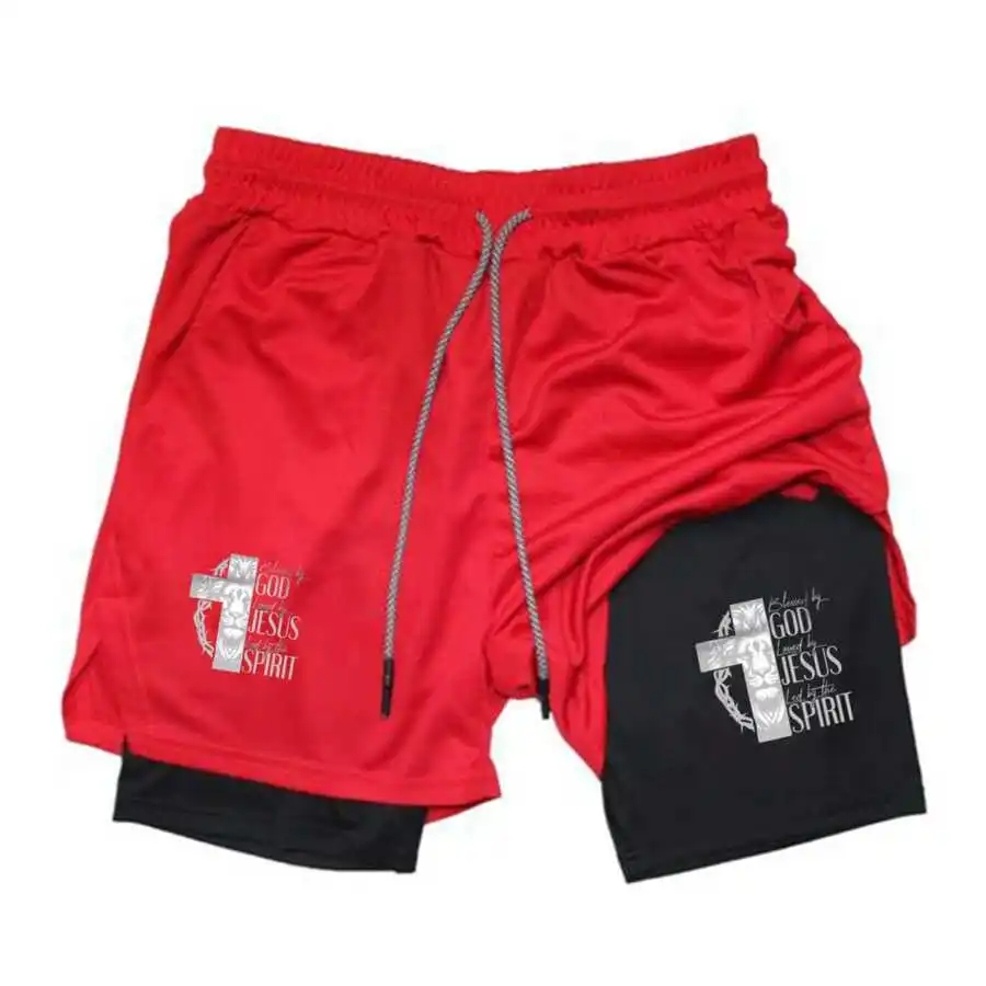 

Mens 2 In 1 Christian Print Sports Shorts Quick Dry Breathable Gym Workout Running Shorts