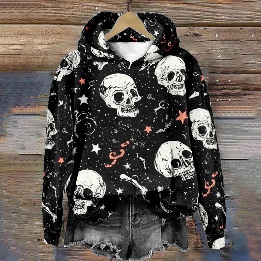 سويت شيرت نسائي بغطاء للرأس ثلاثي الأبعاد للهالوين مع طباعة رأس جمجمة للاستخدام اليومي والمتعة في الهواء الطلق #1