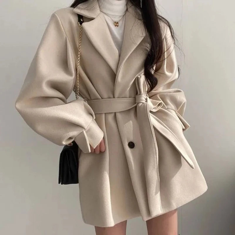 Women Chic Lace Up Trench Coat Korean Fashion Elegant Button Lantern Sleeve Midi Jacket Loose Woolen Coat Female Autumn Winter