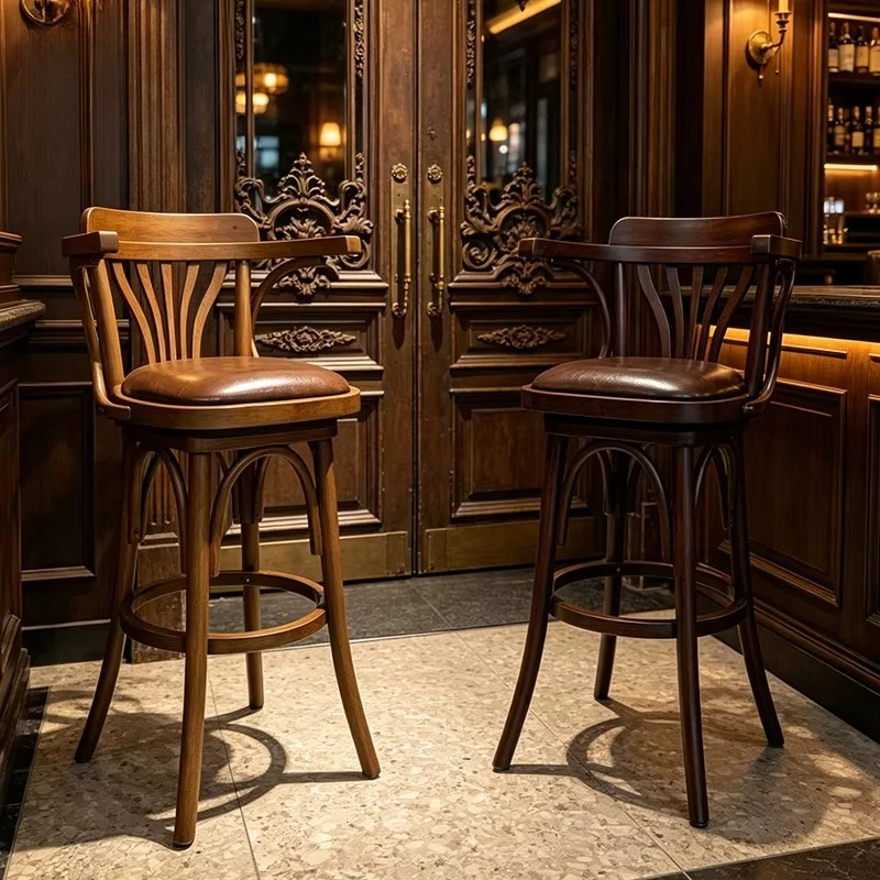 Classic Bentwood Bar Stool Traditional French Bistro High Chair with Leather Seat Sturdy Solid Wood Counter Stool for Cafe
