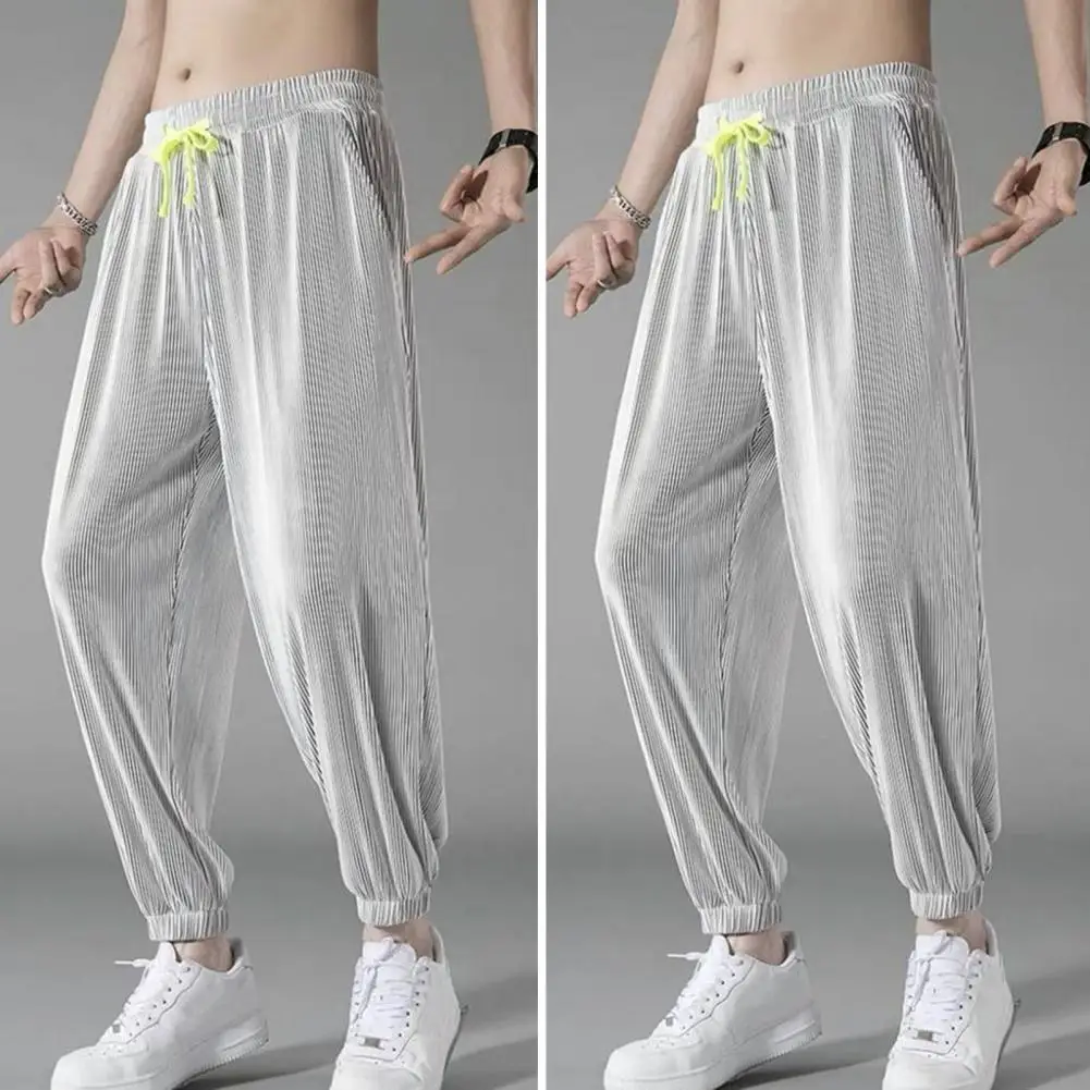 

Ice Silk Harem Pants Men Fashion Thin Drawstring Men Sweatpants Pockets Twill Summer Wide Leg Thin Jogging Trousers Streetwear