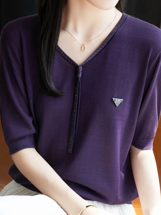 

Summer 2025 Faion V-Ne Glitter Ribbon Loose Fit Slimming Knitted ort Sve Women's Top Trendy Commute Sle Regular Sl...