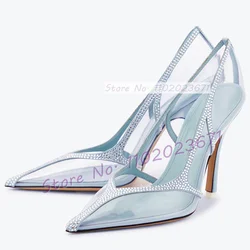 Sexy Blue Crystal Trim Clear Pumps Ladies Pointed Toe Sparkling Pvc High Heels Party Women Real Leather Lining Luxury Shoes