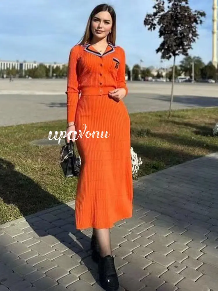 

Autumn Knitted Long Skirt Sets with Polo Collar Long Sleeve Letter Design Knitted Cardigan Coat+High Waist Skirt Two Piece Set