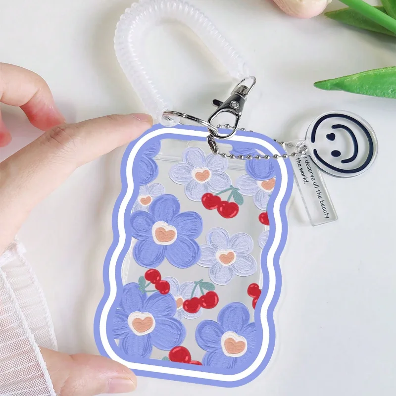 Red Cherry Transparent Card Holder with Spring Rope Keychain Student ID Card Bus Card Meal Card Campus Card Protective Cover