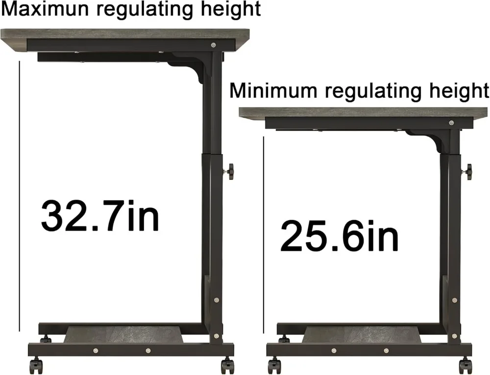 Adjustable Height C Table with Wheels, Mobile Bedside Desk for Laptop and Home Use, Gray