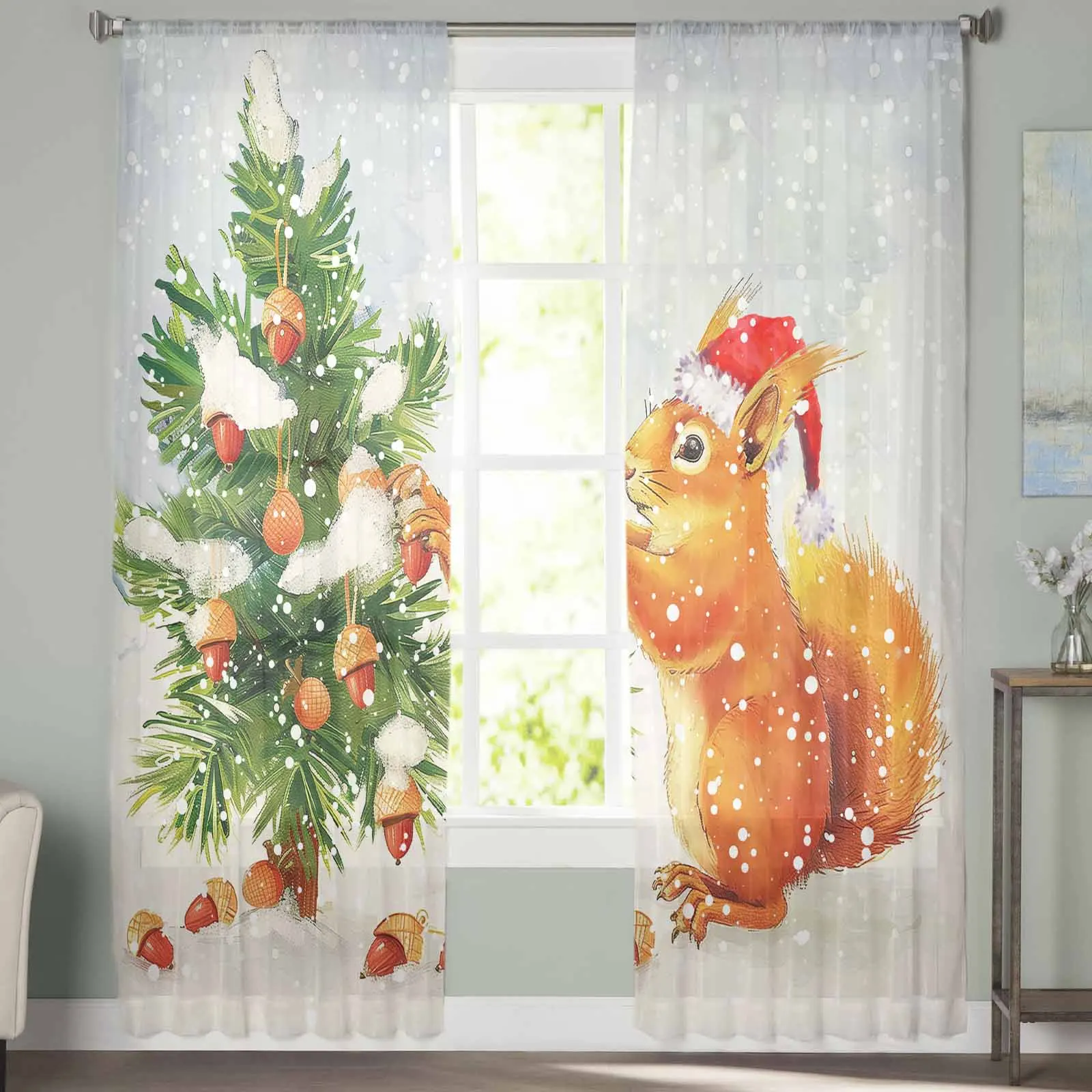 Christmas Tree Squirrel Snowflakes  Sheer Curtains for Living Room Bedroom Home Hotel Decor Chiffon Tulle Curtains