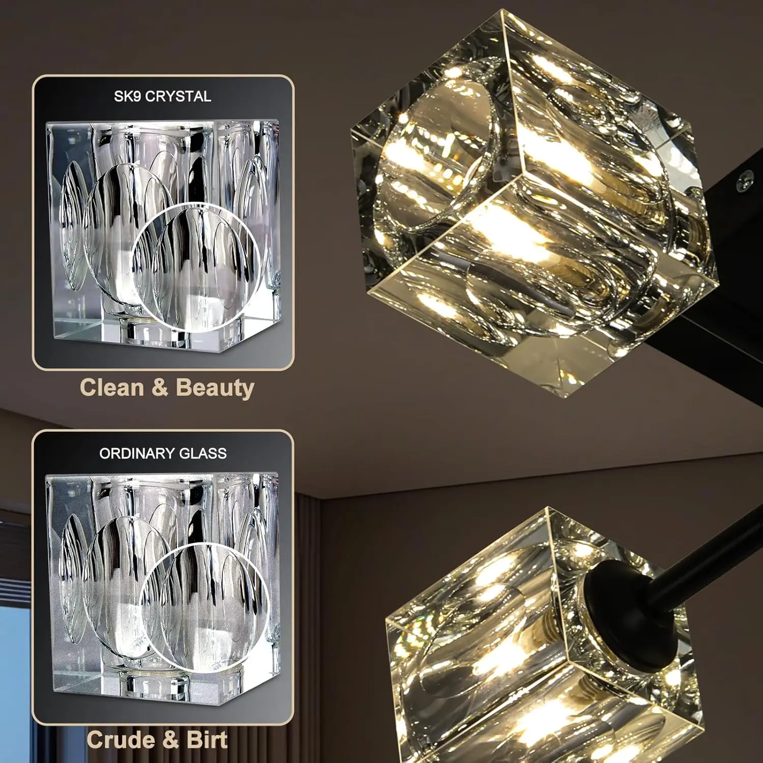 4-Light Crystal Semi Flush Ceiling Light Fixture, Matte Black Sputnik Chandelier, G9 Dimmable Compatible Ceiling Light for Bedroom, Dining Room, Kitchen, Hallway, Entryway