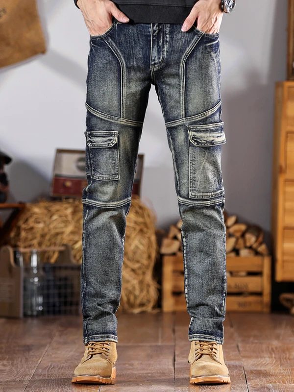

High-End Retro Patchwork Slim Fit Men's Jeans American Streetwear Workwear Multi-ket Motorcycle Long Pants