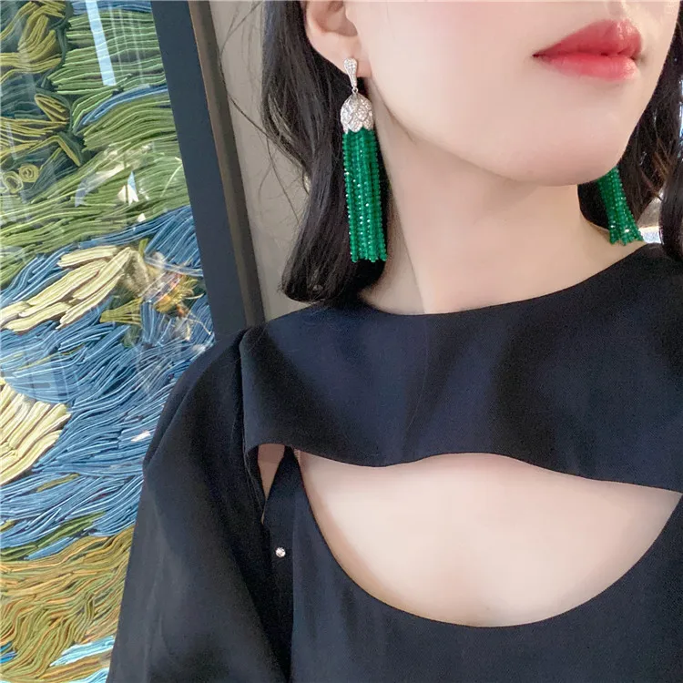 Green Agates CZ Paved Tassel Silver Plated Stud Earrings Handmade For Women Fashion Jewelry