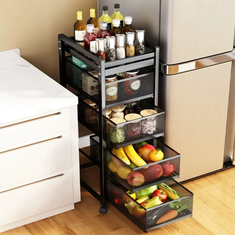 Drawer Style Vegetable Basket Kitchen Storage Container for Fruits Space Saving Pull Out Cart Multi-layer Snack Storage Cabinet