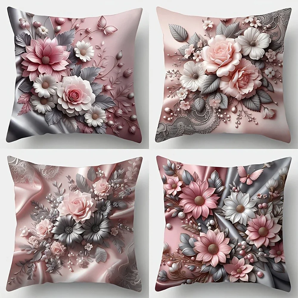 

4 шт. современная розовая наволочка с цветочным принтом для спальни, дивана, декоративная наволочка с молнией, мягкая наволочка