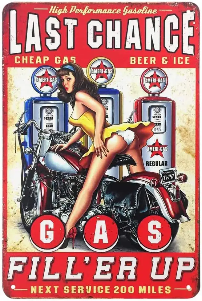 Pin Up Tin Sign,Cool Women On Motorcycle Gas FillEr Station Vintage Metal Signs for Cafes Bars Pubs Shop Wall Decorative Funny
