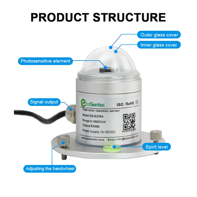 ES-S228A الالكترونيات الضوئية الاستشعار الإشعاع الشمسي العالمي RS485 الارسال 0 ~ 1800 واط/م2 الإشعاع مقياس الإشعاع الزراعة الشمسية