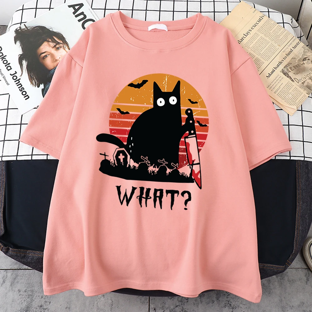 Black Knife Cat Funny WHAT Printed Tee Shirts Fashion Breathable Tshirts Oversized Soft Male T-Shirts Summer Loose Tshirt Mans