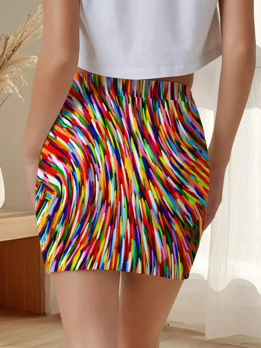 Women Summer Bodycon Mini Skirt Abstract Art Print Colorful Striped Casual Fashion