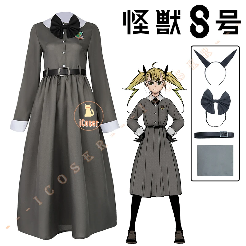 Kikoru Shinomiya Cosplay Costume Wig Anime Kaiju No. 8 Gray Dress Uniform Headwear Third Division Halloween Party Women iCoser