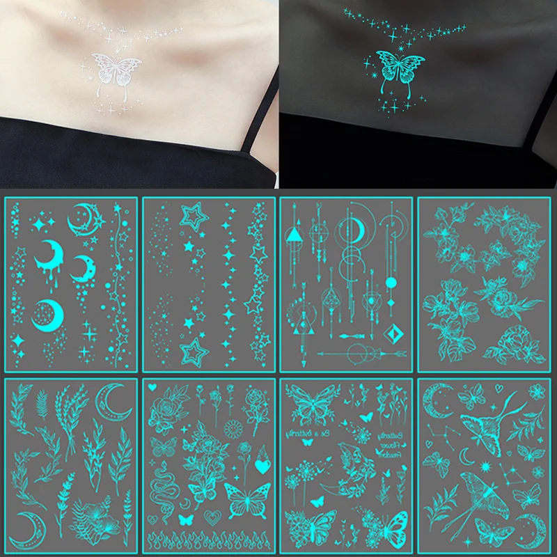Blue Luminous Flower Temporary Tattoo Girls Finger Wrist Body Art Music Festival Pendant Sticker