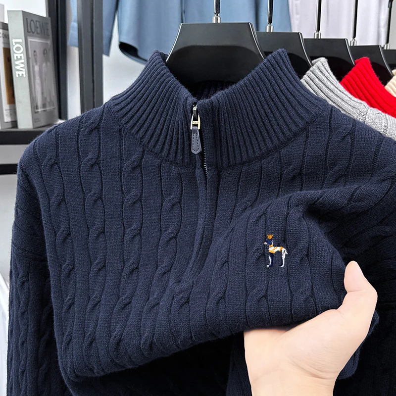 Designer Original Men's Knit Embroidery Sweater Autumn Winter Mock Neck Zipper Jacquard Pullover Business Leisure Keep Warm Tops