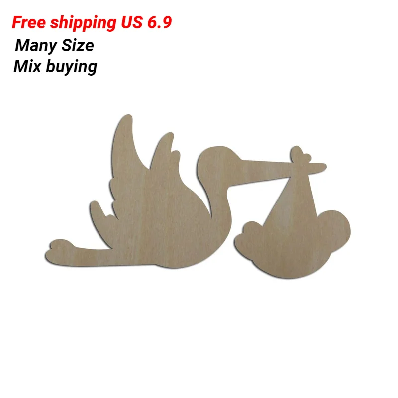 3mm Thick Unfinished Blank Wooden Stork Bird Baby Shape Cutout For Stork Party Decorations