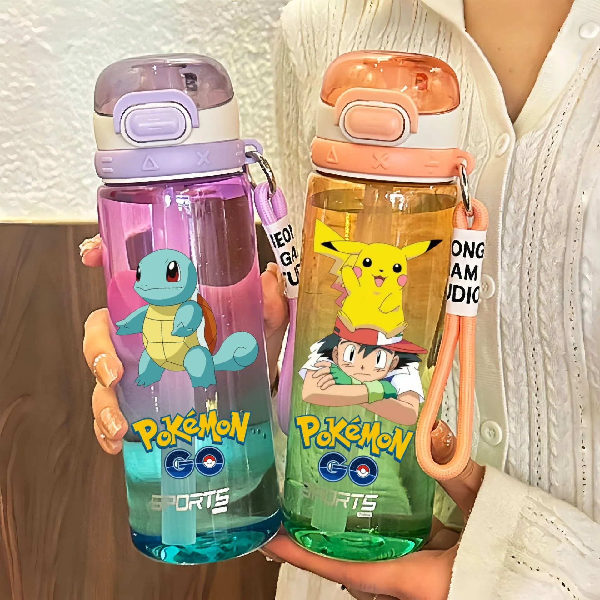 

750ML Pokemon Water Cup Anime Portable Children's Pikachu Gengar Color Gradient Plastic Sports Large Capacity Water Bottle