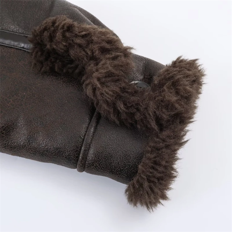 Vintage braune Lammfell-Lederjacke für Damen, übergroßer, mit Kunstpelz gefütterter Mantel, Wintermode-Oberbekleidung