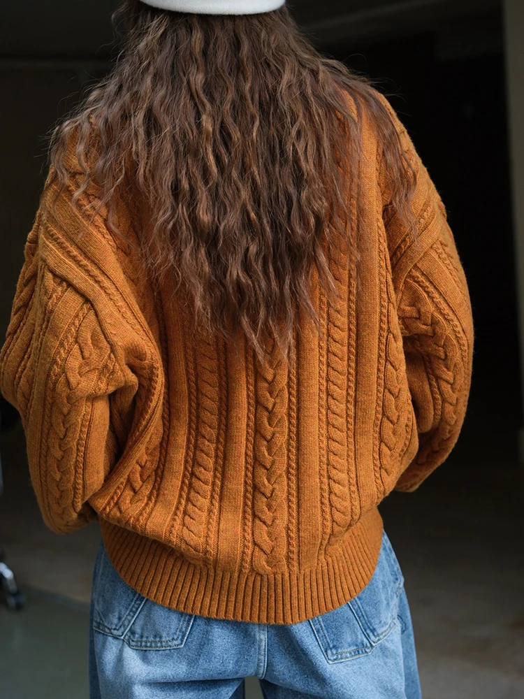 [EAM] Yellow Brown Big Size Knitting Sweater Round Neck Long Sleeve Women Pullovers New Fashion Tide Spring Autumn 2024 1DH7110