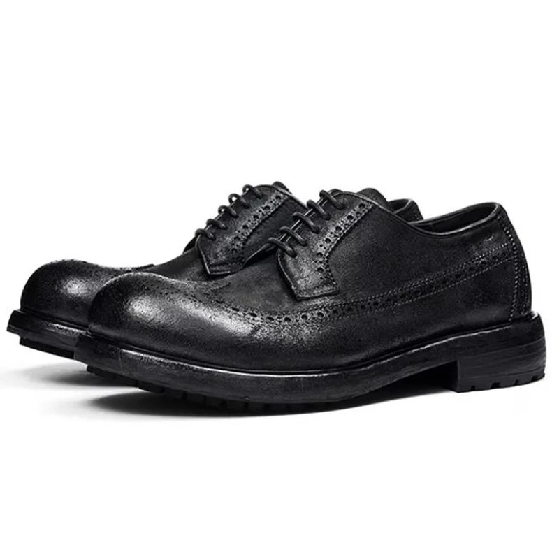 Men's High-end Soft Leather Goodyear Leather Shoes Men Horse Leather Thick Bottom Height-increasing Work Shoes Motorcycle Shoes