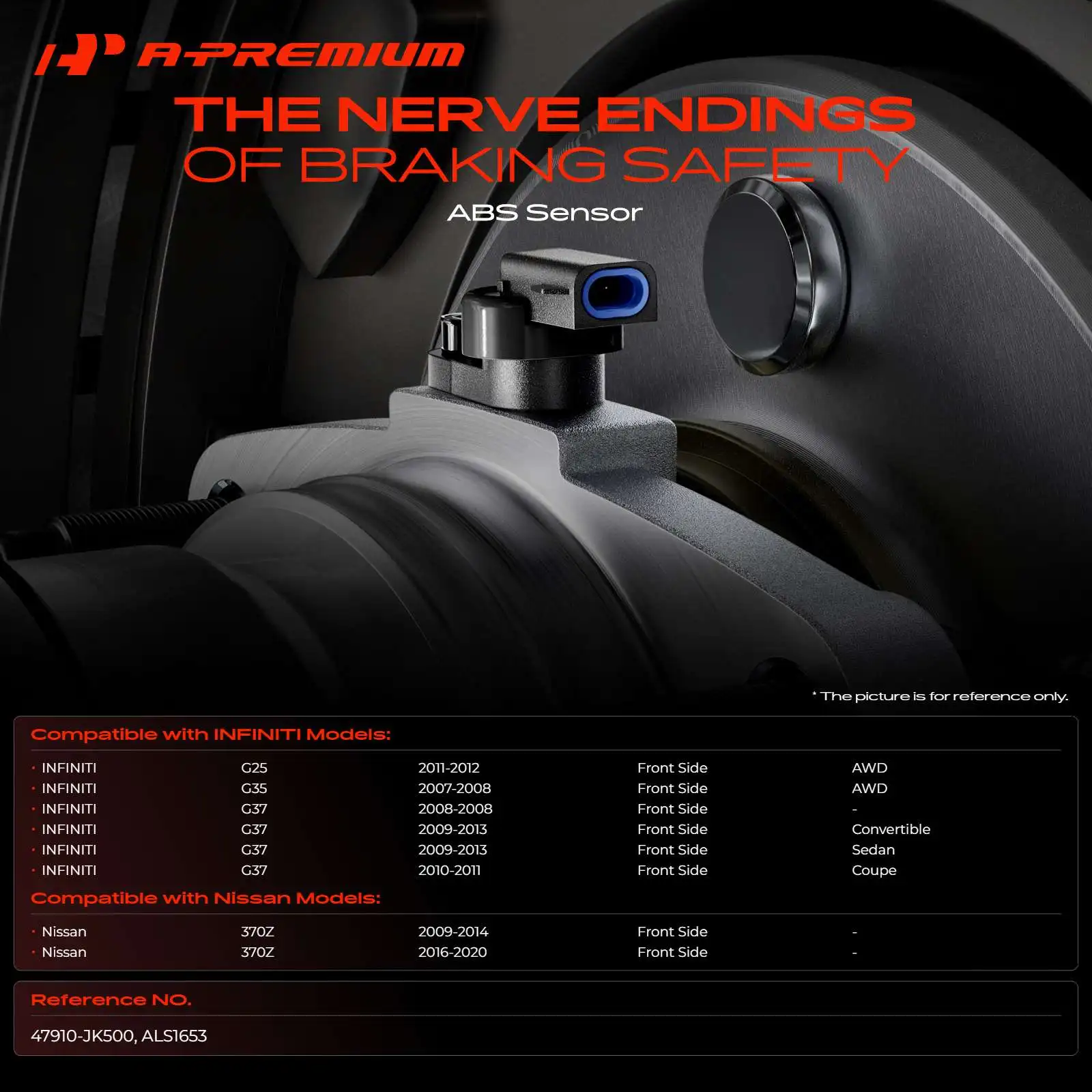 A-Premium Front Driver or Passenger Side ABS Wheel Speed Sensor for Nissan 370Z 2009-2014 Infiniti G37 2008-2013 G25 2011-2012