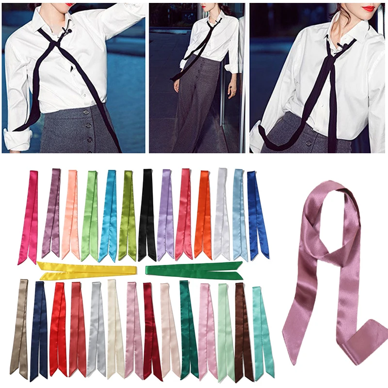 New Thin Silk Scarf Handle Bag Ribbons Headband Small Narrow Solid Long Neck Scarf Satin Ribbon Neck Tie Skinny Scarves Fashion